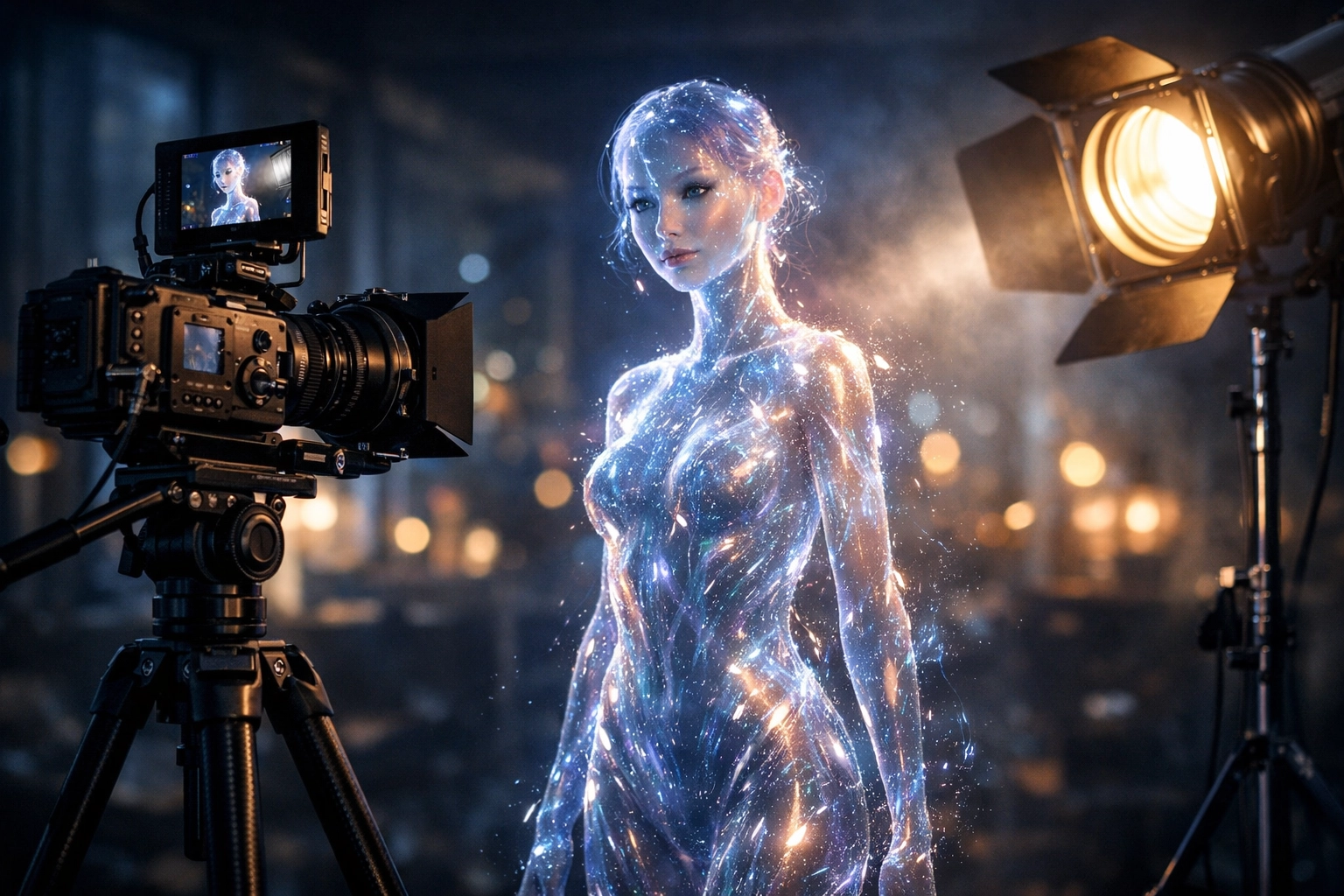 Professional camera filming a glowing digital avatar for AI video creation and faceless YouTube channels.