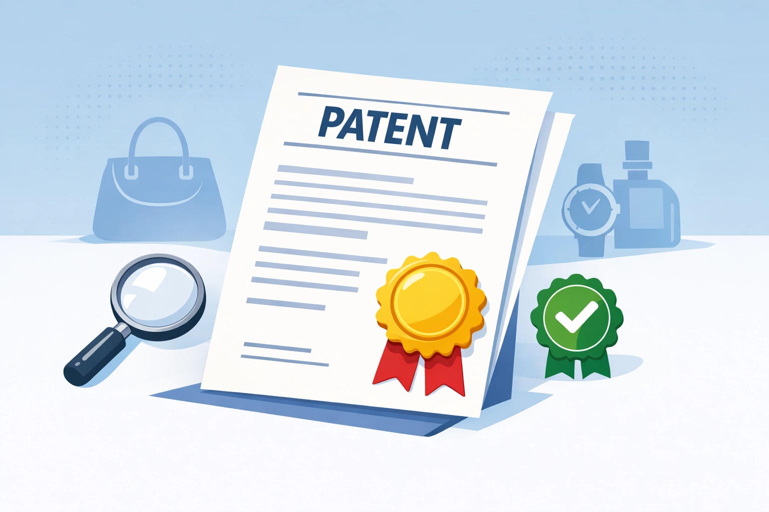 Official patent document with authentication verification icons and luxury item symbols