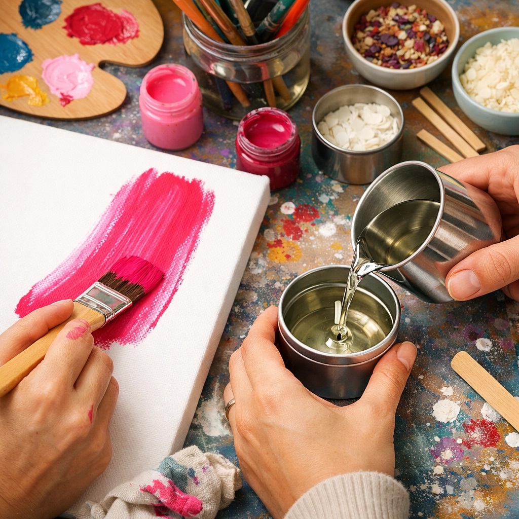 Close-up of hands painting on canvas and pouring wax for candle making at a craft workshop.