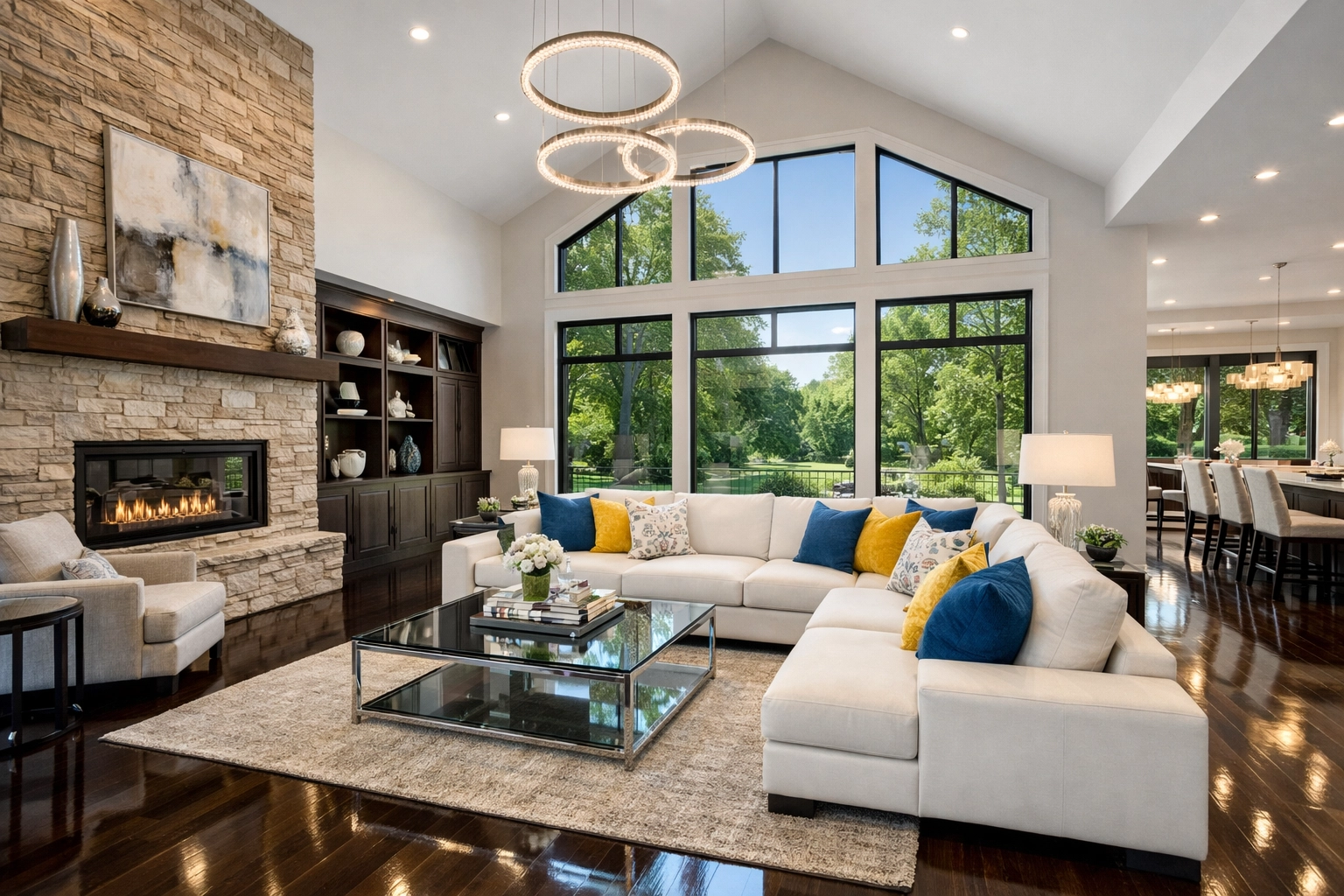 A spotless Wayland living room featuring polished floors and pristine furniture after a professional house cleaning.