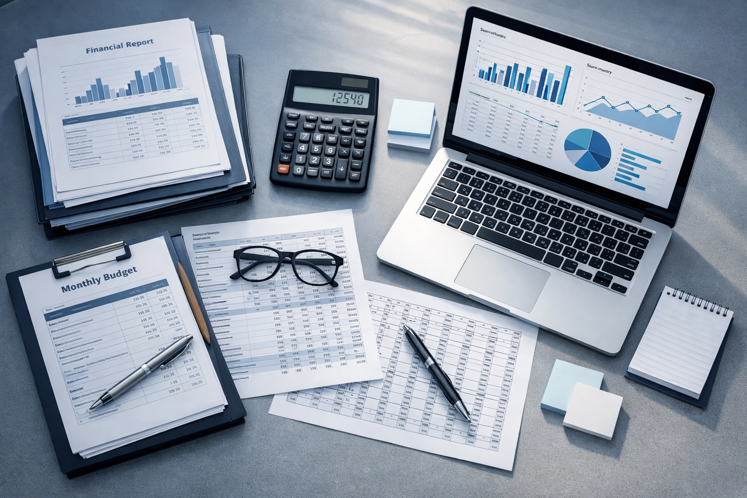 Organized financial documents and laptop showing business financial records for sale preparation