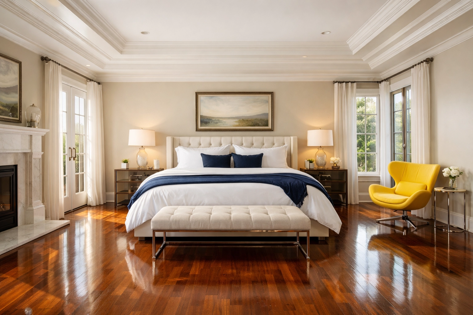 Polished master suite with glowing hardwood floors after professional luxury cleaning in Westwood.