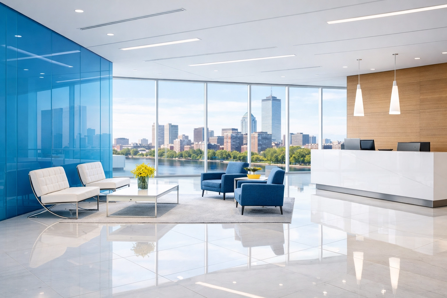 Spotless modern corporate lobby in Massachusetts maintained by professional janitorial services.