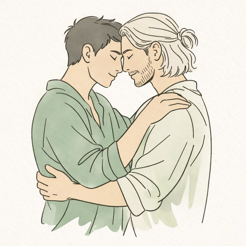 Two men in a supportive embrace illustrating non-binary identity and authentic queer connection.