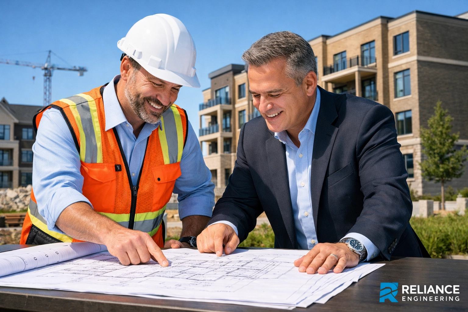 GTA civil engineer and developer collaborating on site servicing plans for a new housing project.