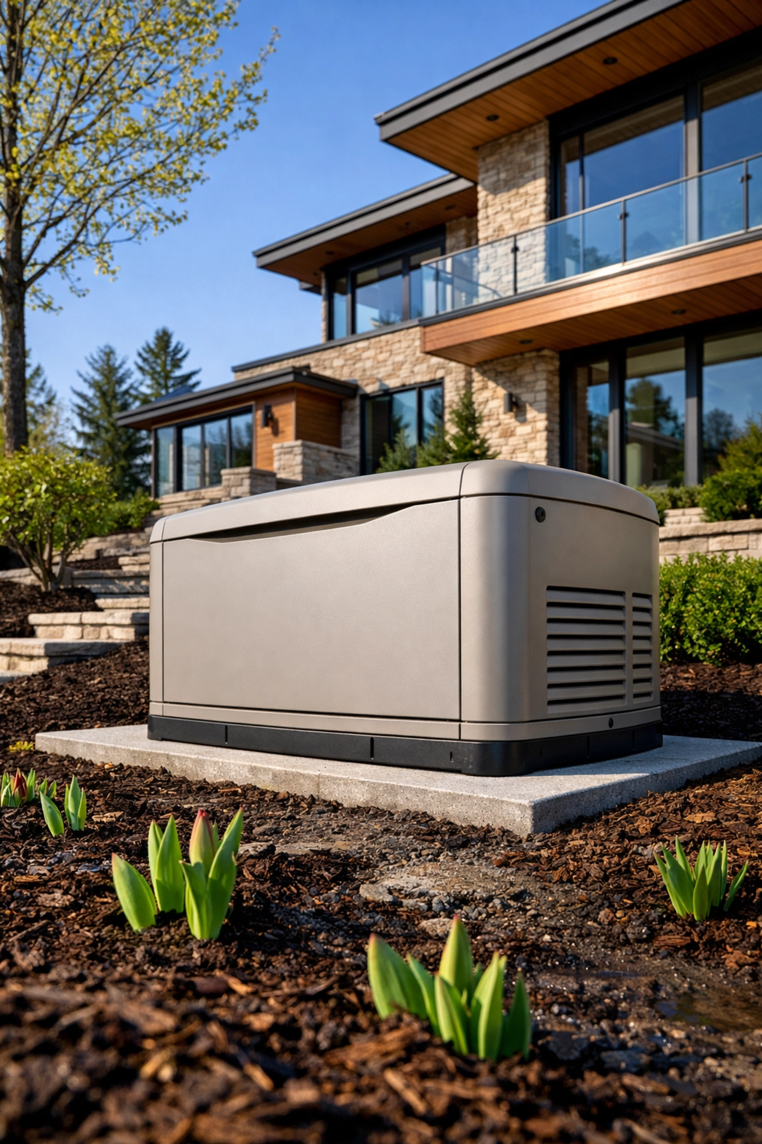 Professionally installed standby generator on a Gatineau property during the spring thaw season.