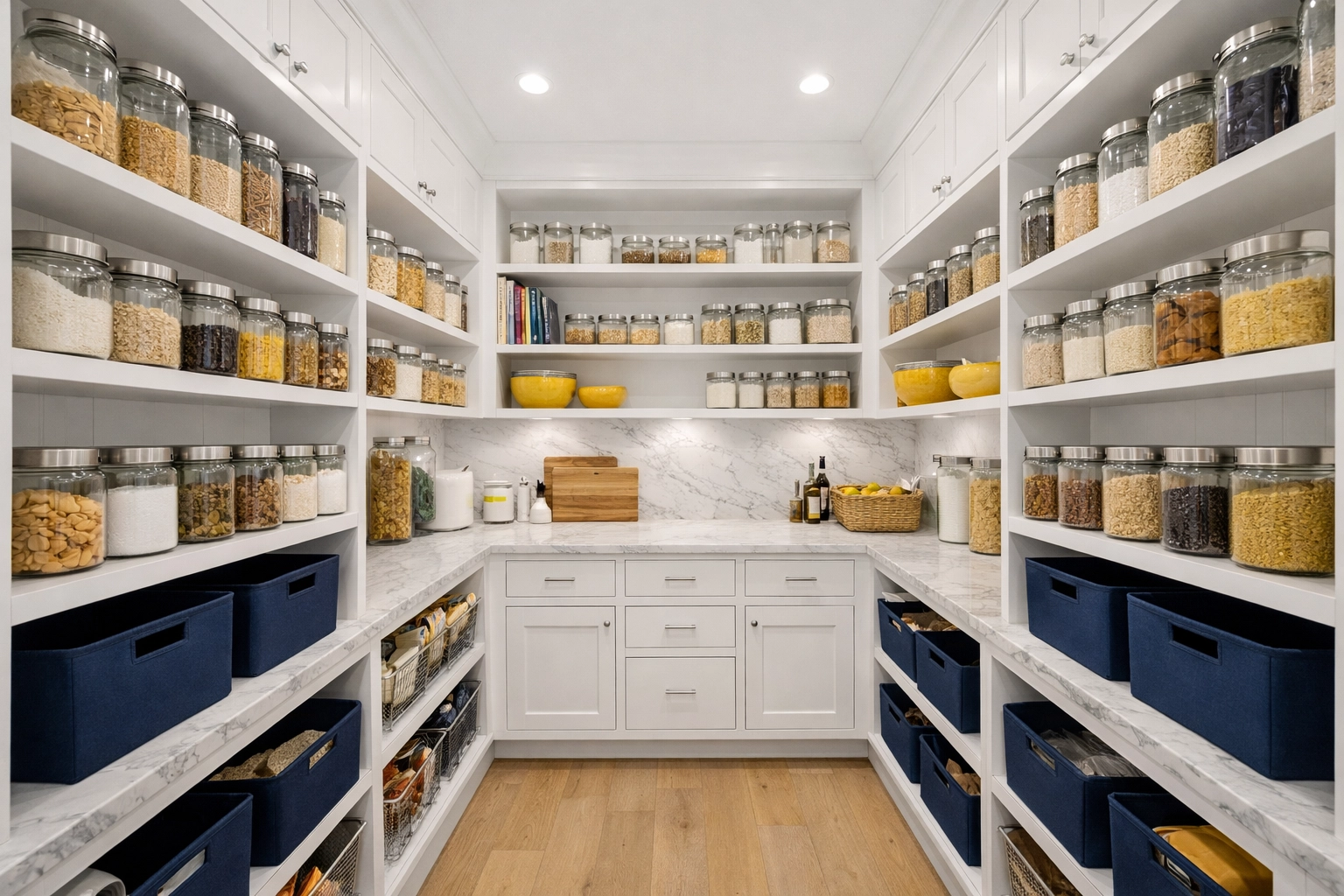 Organized luxury pantry in an Andover home with dust-free shelving and professional arrangement.