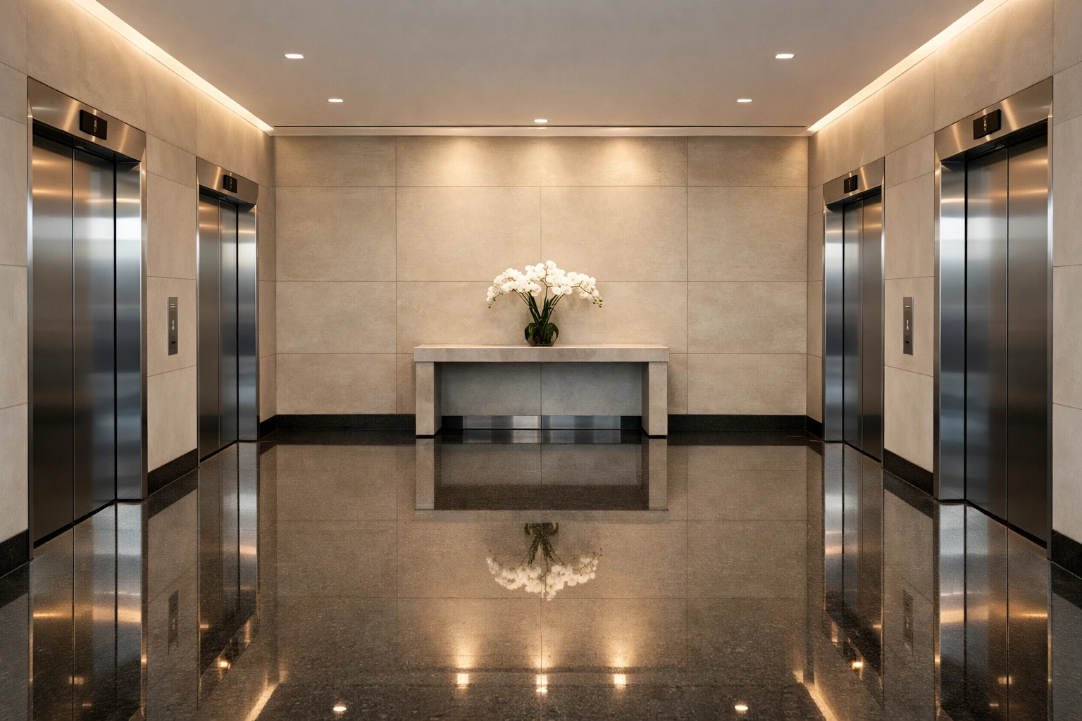 Spotless corporate lobby and polished floors in an Indianapolis high-rise office building.