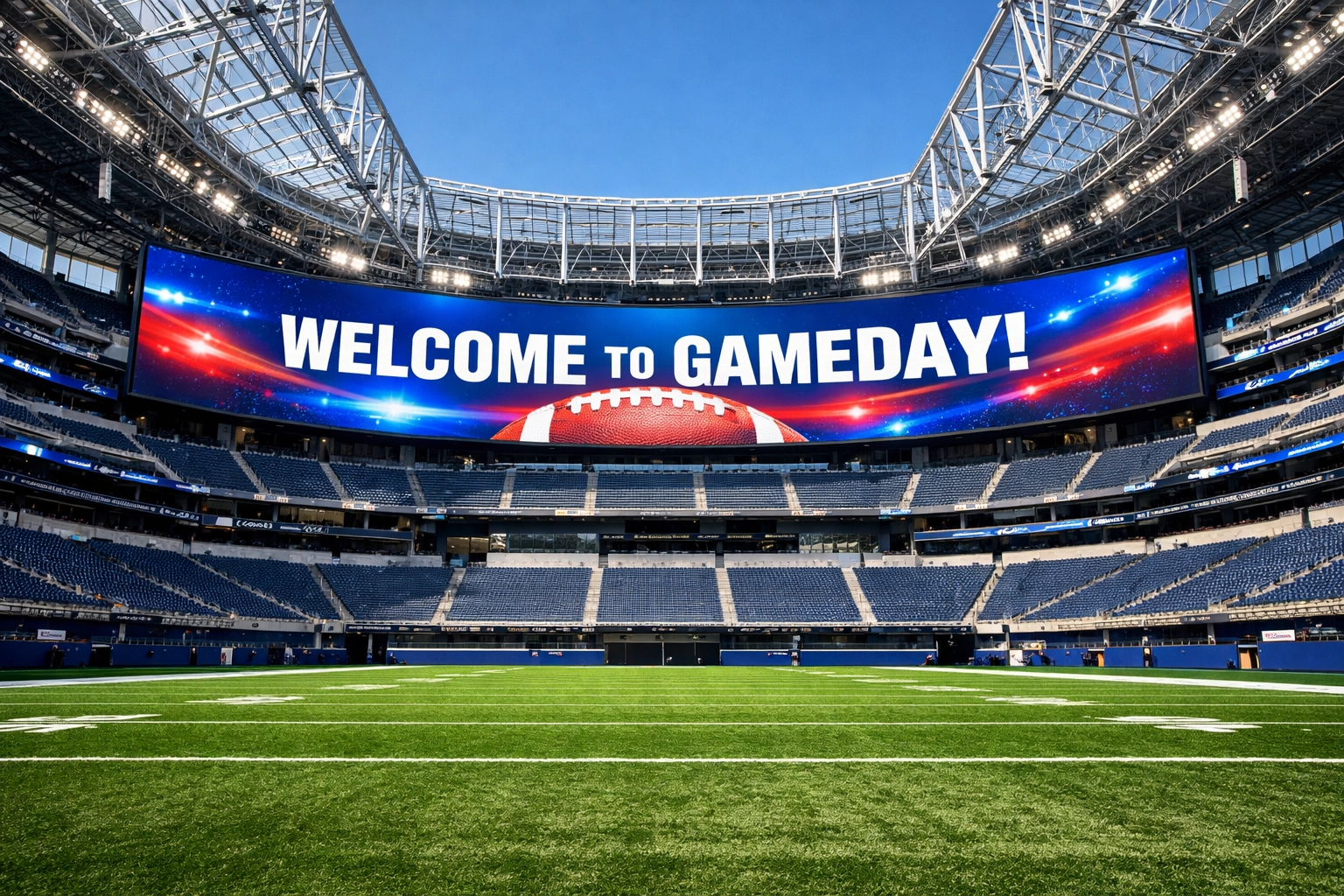 Massive 4K LED video boards at Levi's Stadium showing Super Bowl 2026 venue-wide digital advertising.
