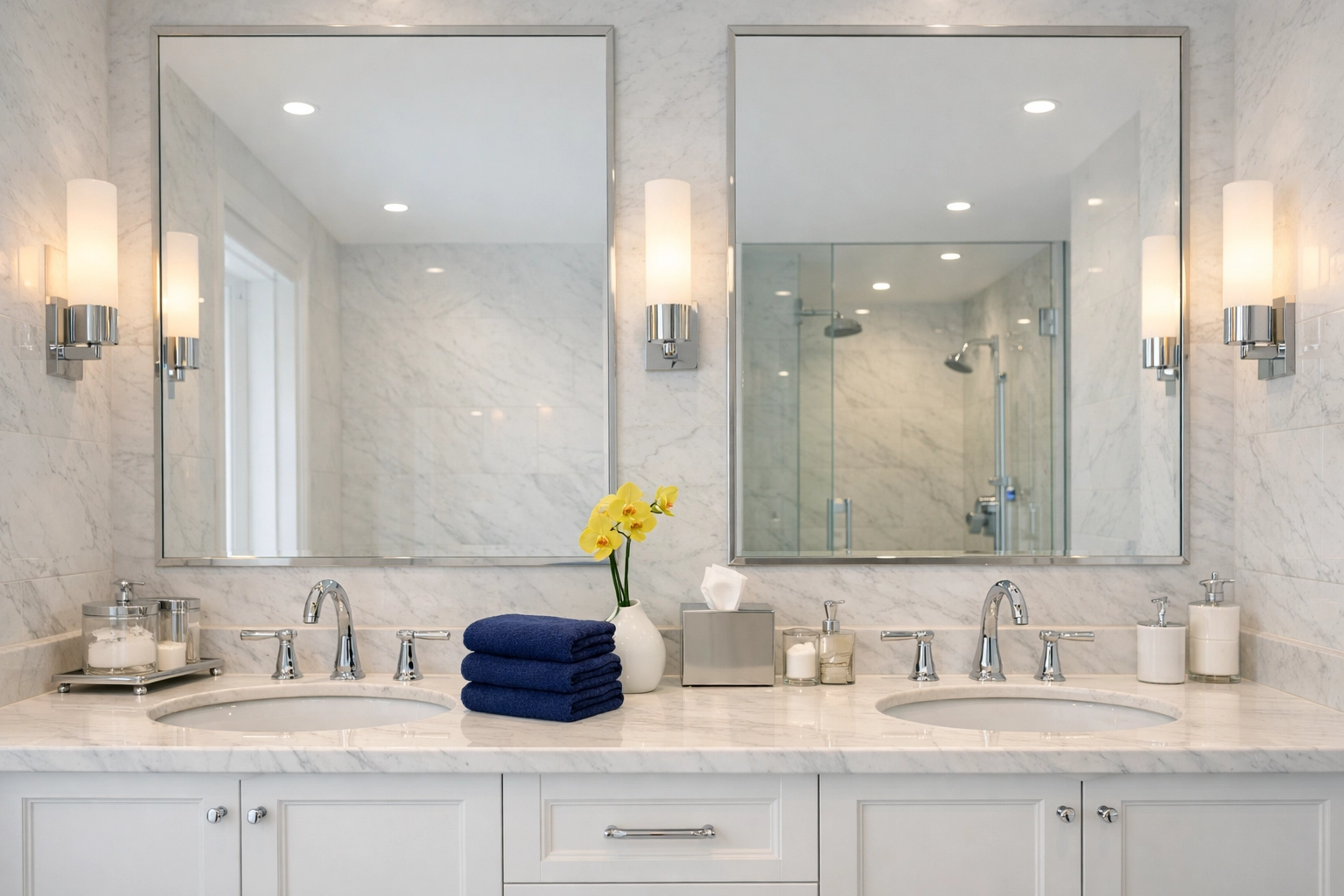Streak-free mirrors and marble vanities after professional house cleaning in Westminster, MA.