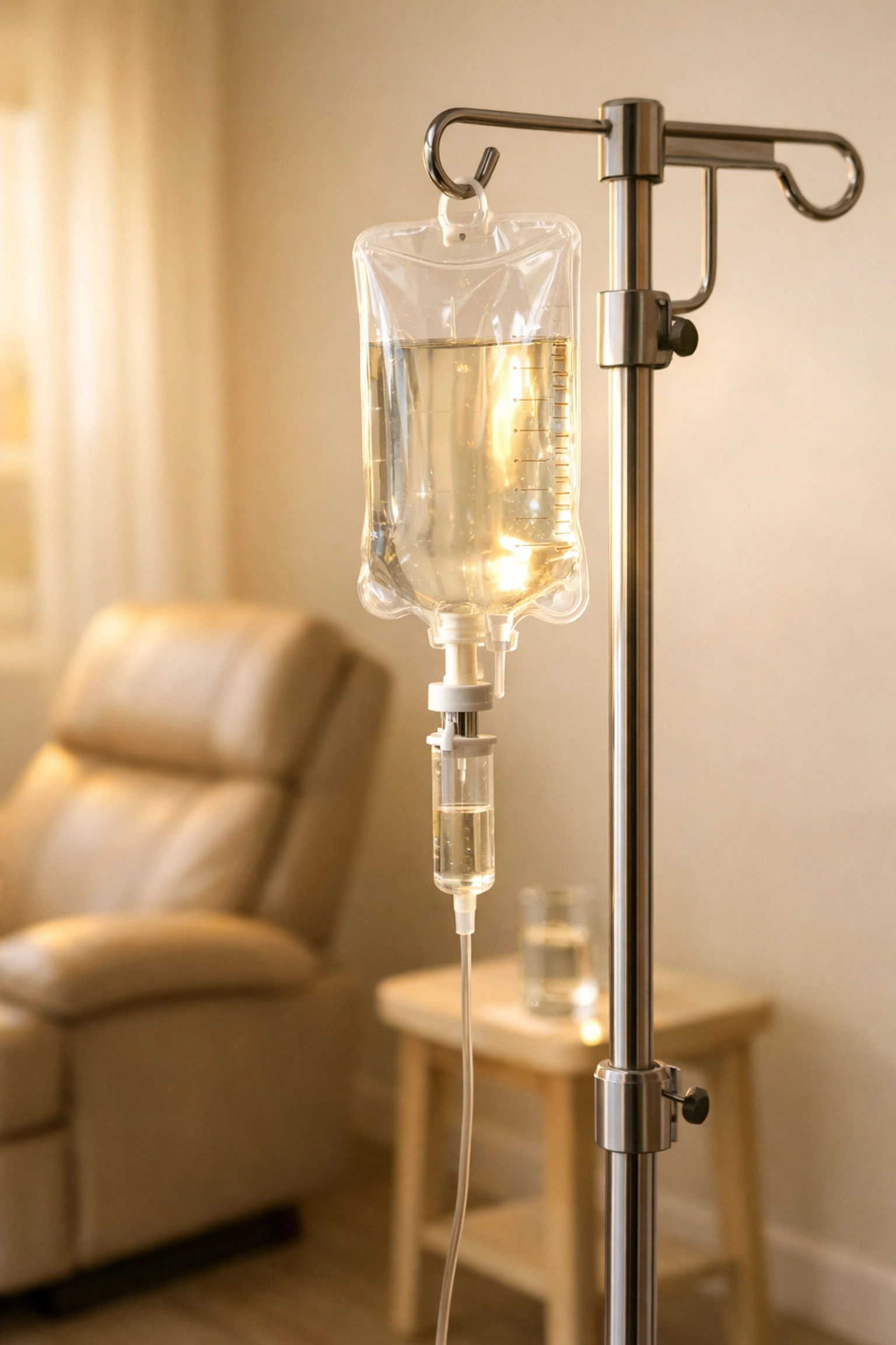 Medical IV therapy drip bag in comfortable wellness clinic treatment room