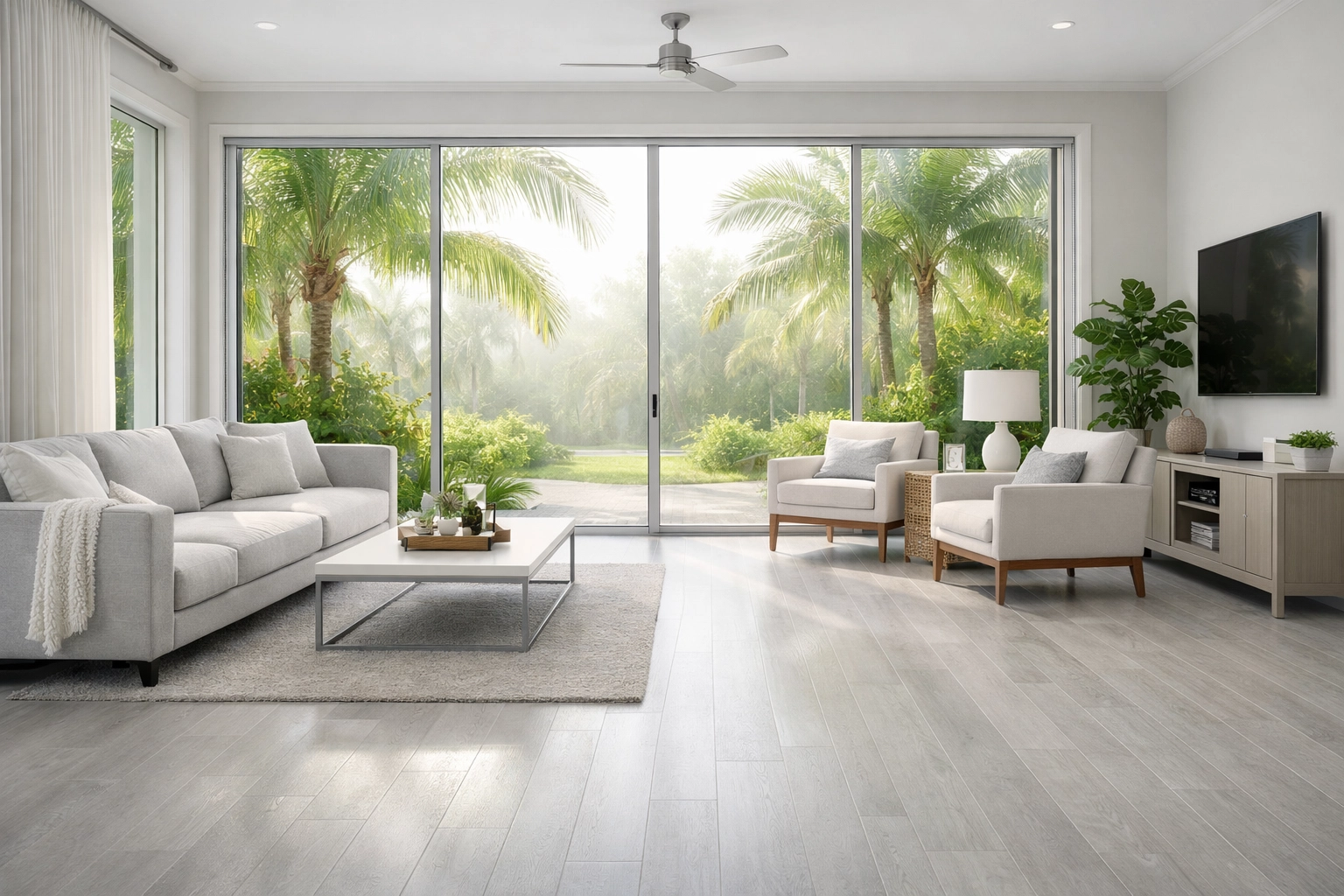 Moisture-resistant flooring in a modern Orlando living room overlooking a tropical garden.