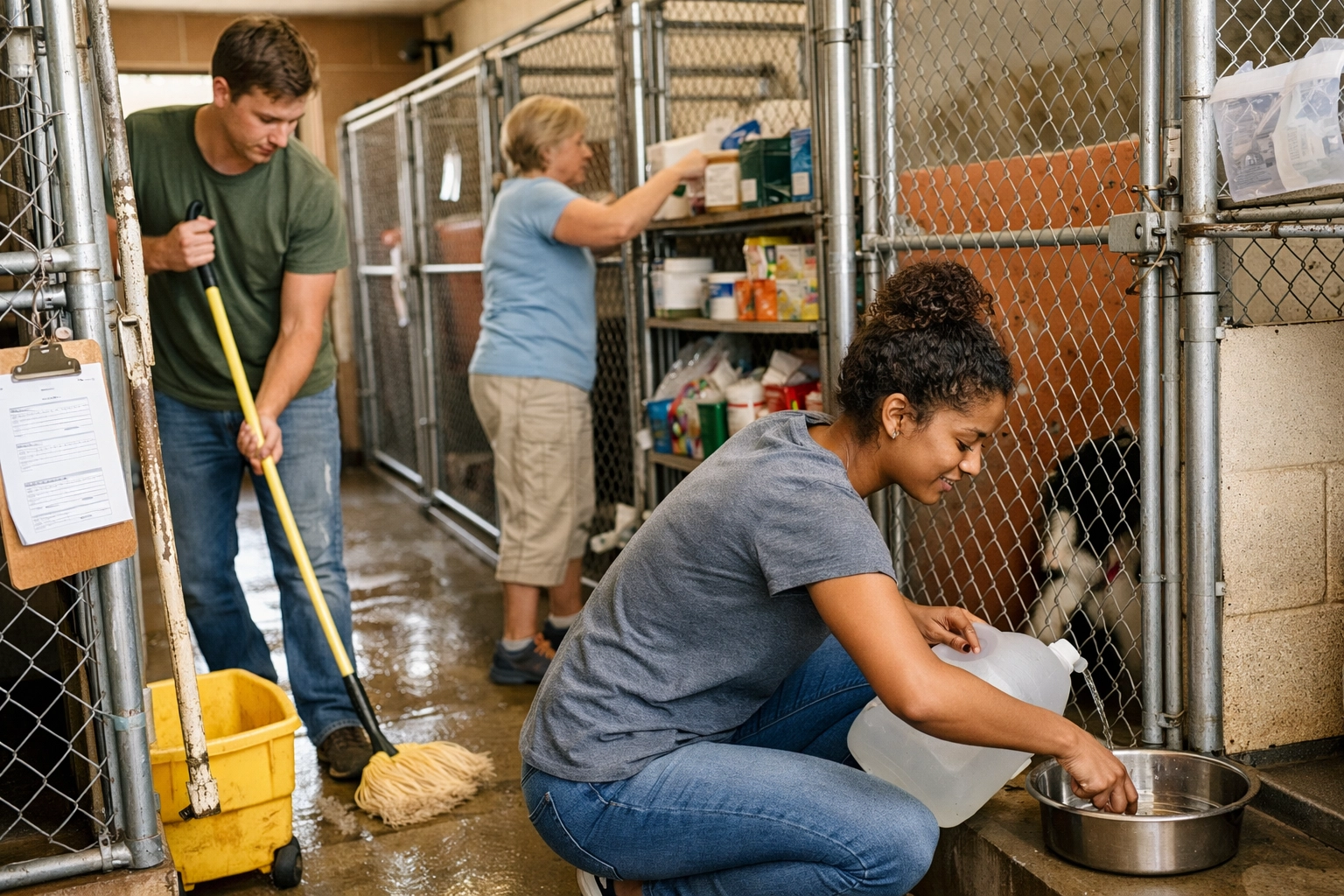 Animal shelter volunteers working together cleaning kennels and caring for dogs