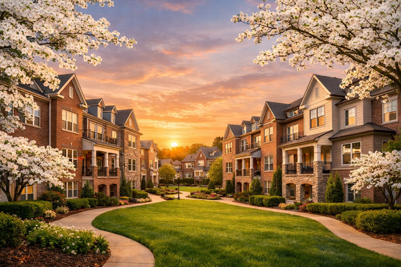 Pristine townhome community in Middle Tennessee showcasing professional HOA exterior maintenance and curb appeal.