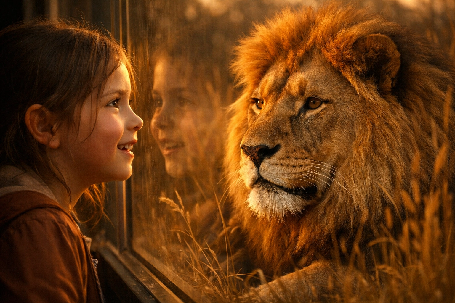 Young girl experiencing an emotional connection with a lion through a zoo viewing panel.