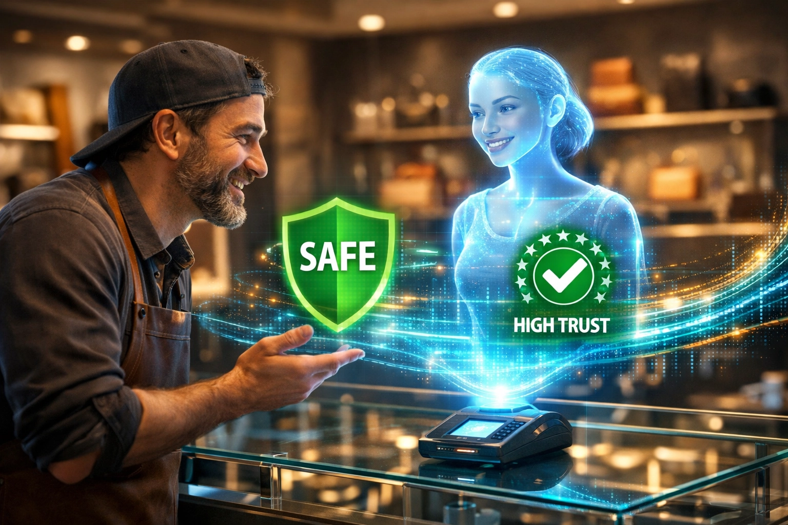 A merchant using a Larecoin.ai holographic assistant to manage secure Web3 payments and fraud detection.