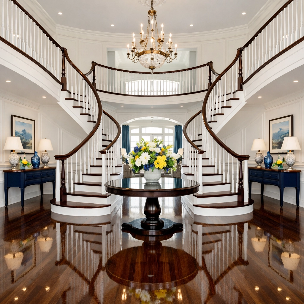 Pristine grand foyer with shiny hardwood floors after professional residential cleaning Massachusetts services.