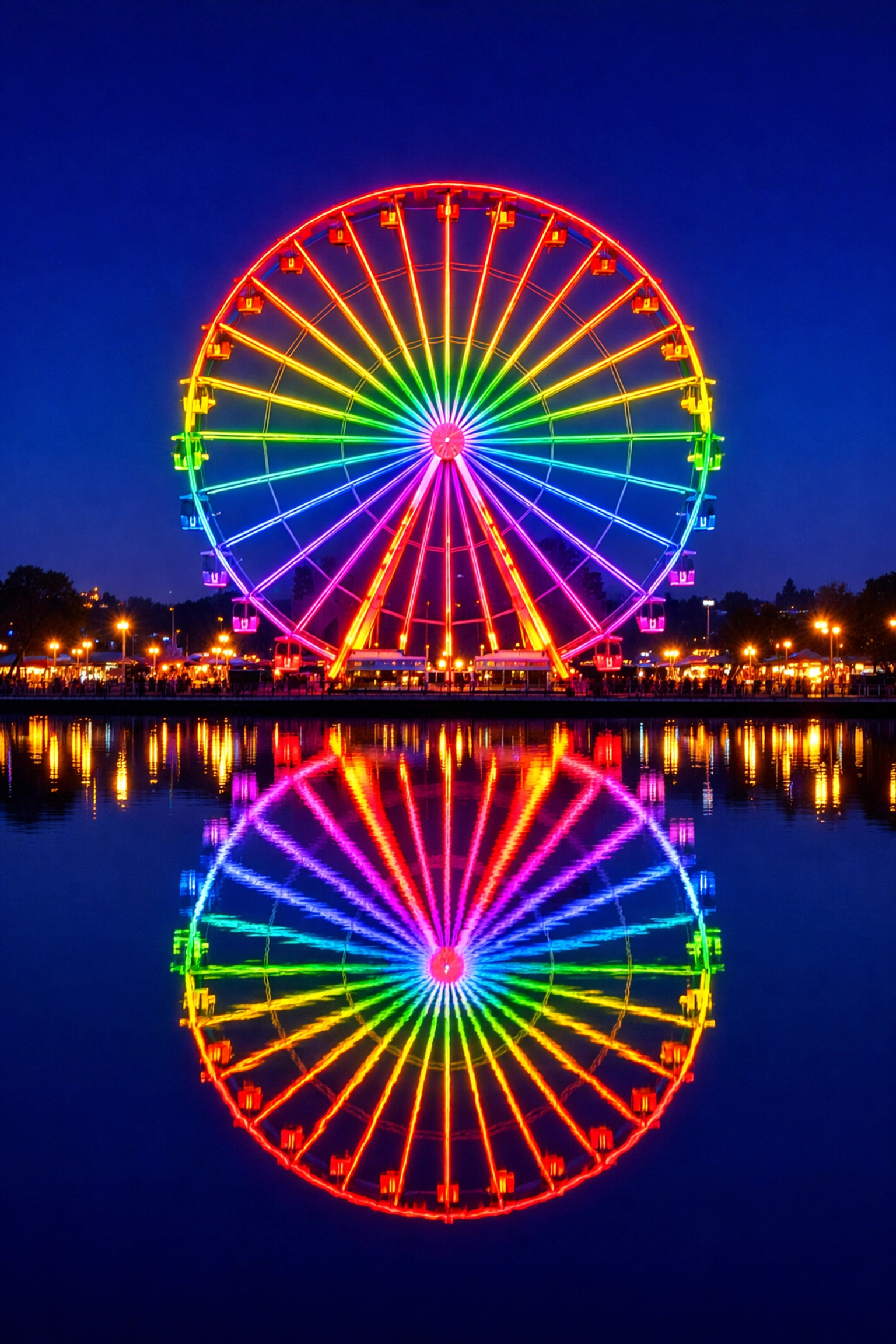 Giant Wheel Aurora glowing at night with colorful water reflections, highlighting popular photo spots at Nagashima Spa Land.