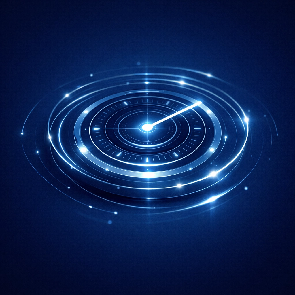 Minimalist circular interface representing 24/7 service delivery and faster automated decision cycles.