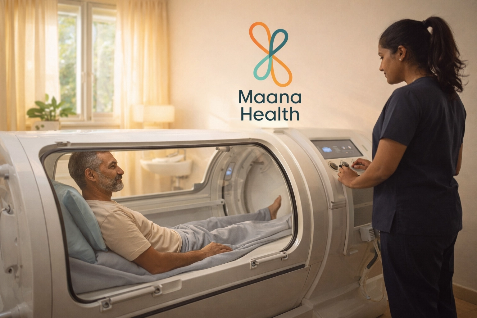 Therapist supporting a patient during hyperbaric oxygen therapy preparation