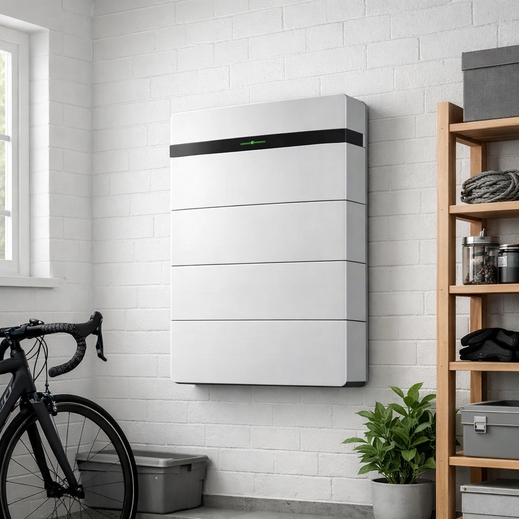 Sleek home energy storage battery unit installed on a garage wall for smart solar power management.