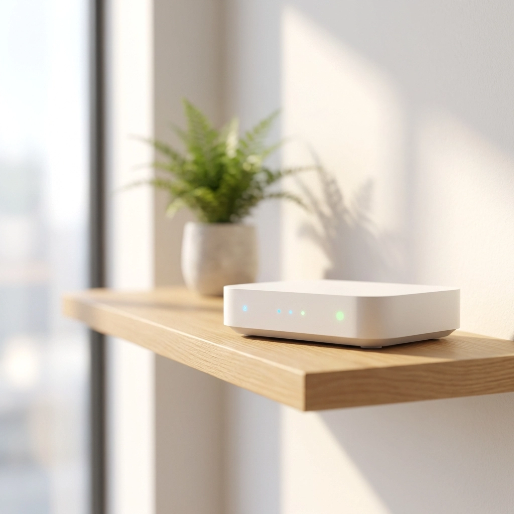 Contemporary office wireless router with glowing lights, illustrating secure guest WiFi setup for Iowa companies