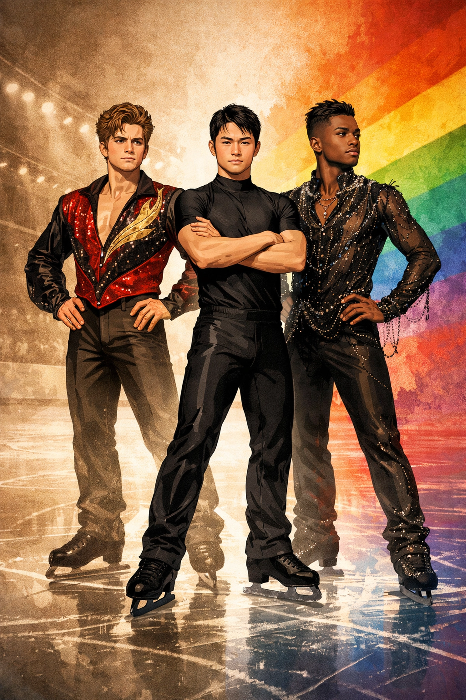 LGBTQ+ figure skaters from different eras representing progress and pride in the sport