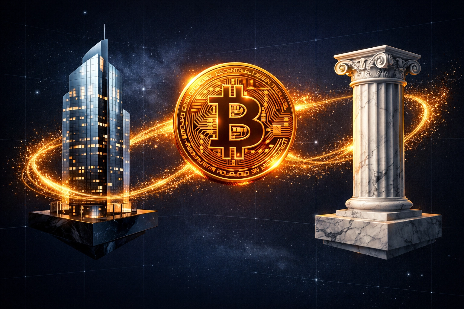 Interconnected real estate, cryptocurrency, and private equity assets representing institutional investment diversification
