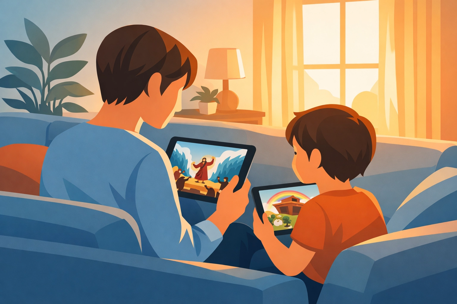 Parent and child using tablet together for Christian Bible study at home