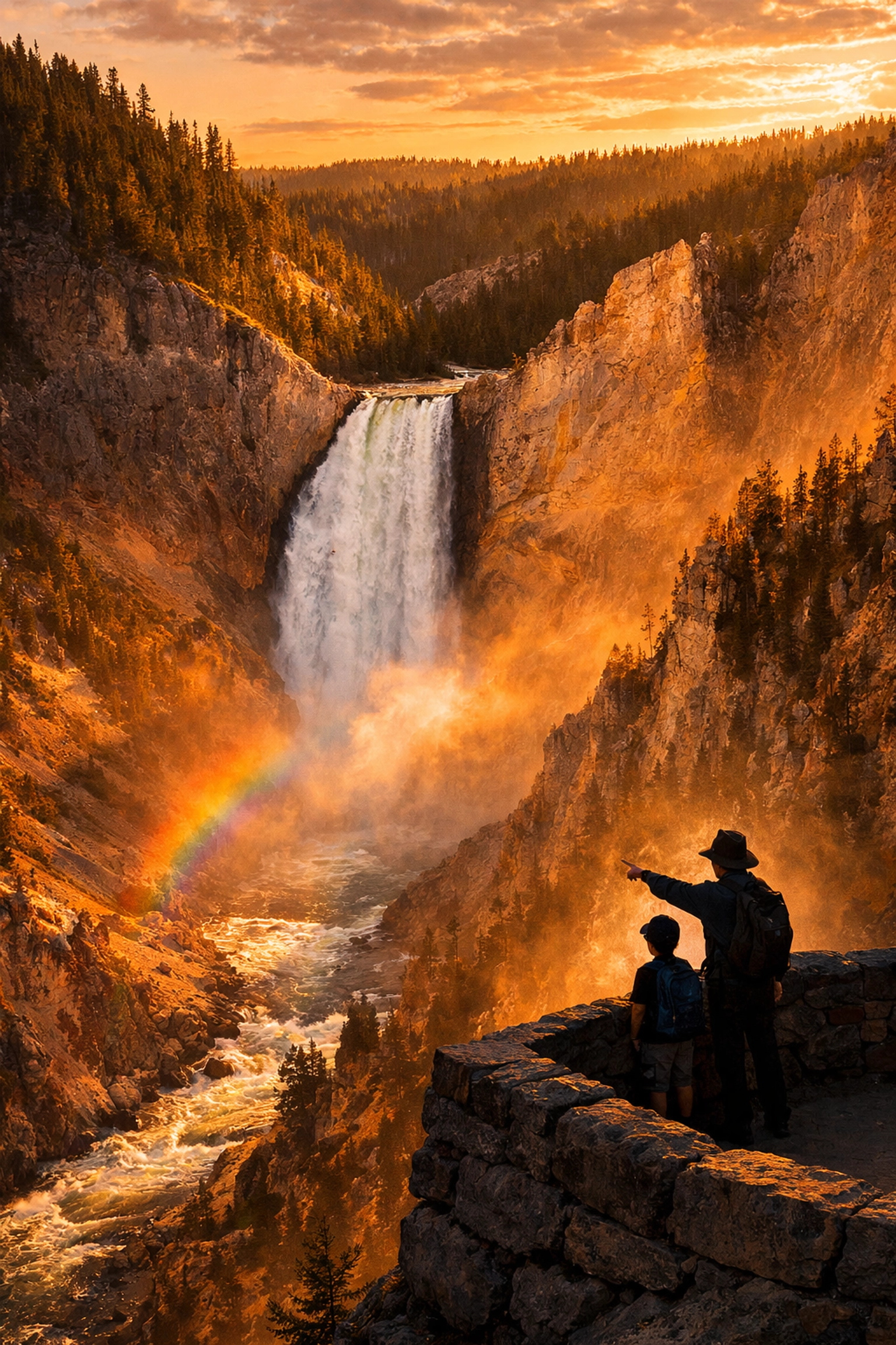 Teacher and student looking at the Lower Falls of the Grand Canyon of the Yellowstone on a science expedition.