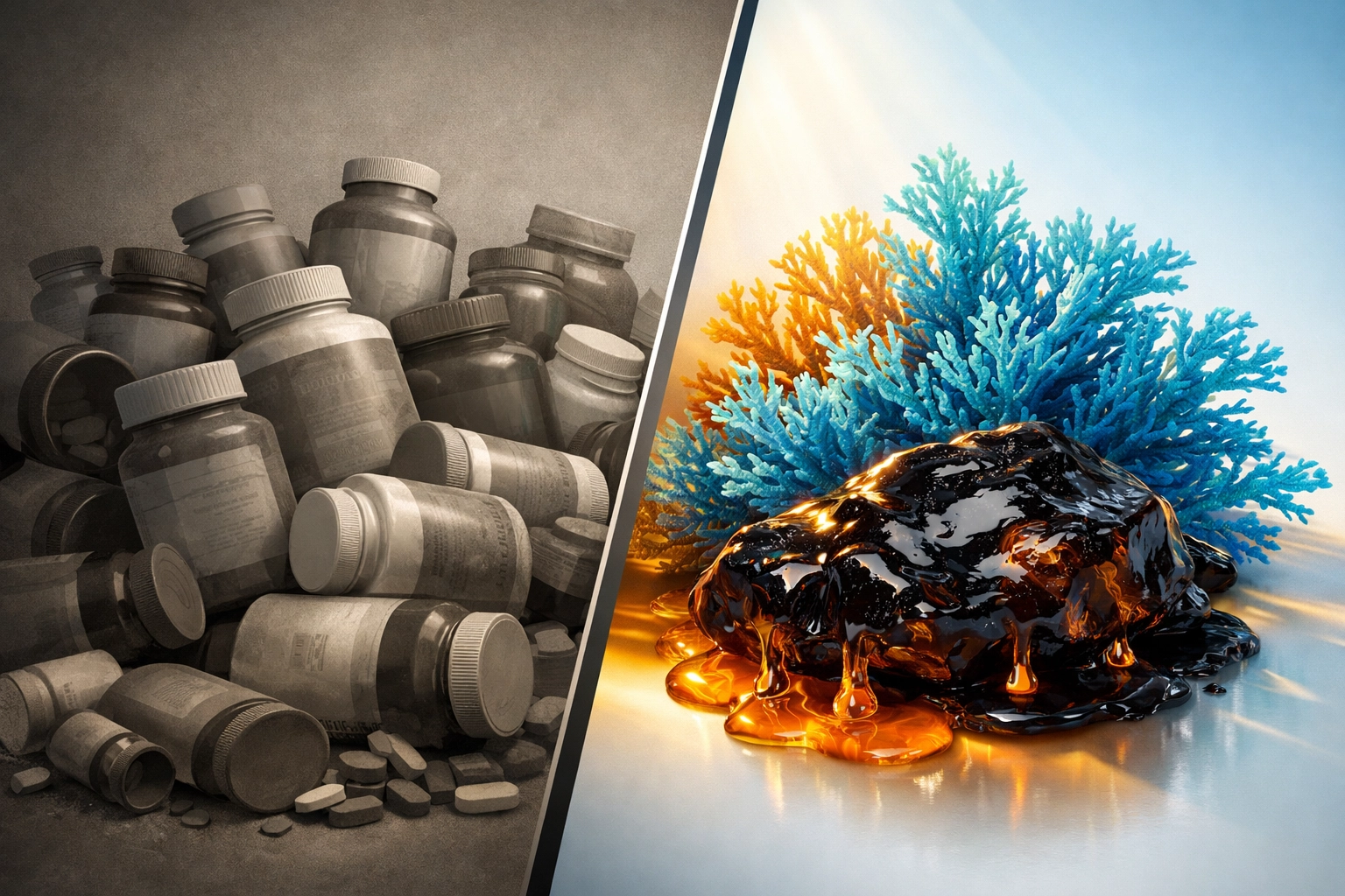 Comparison of traditional supplement bottles versus sea moss and shilajit for brain health