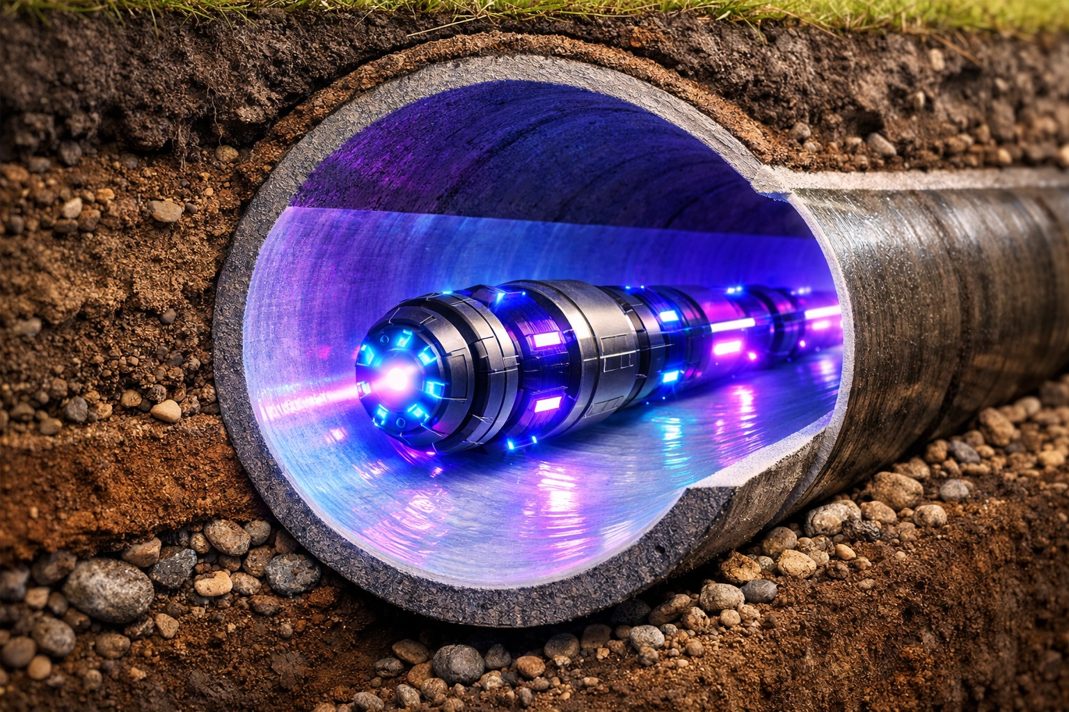 LightRay UV liners curing inside an underground sewer pipe during a trenchless installation in Denver.