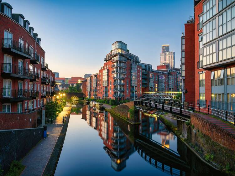 Modern canal-side apartment and commercial buildings in central Birmingham