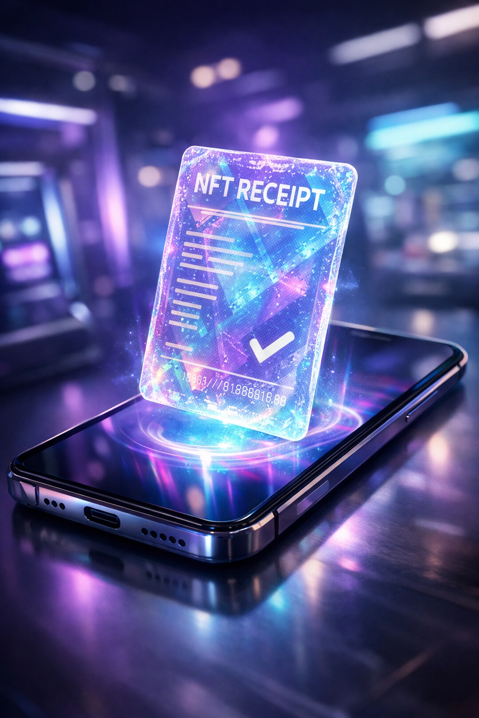 Digital holographic NFT receipt on a smartphone representing secure blockchain proof of purchase.
