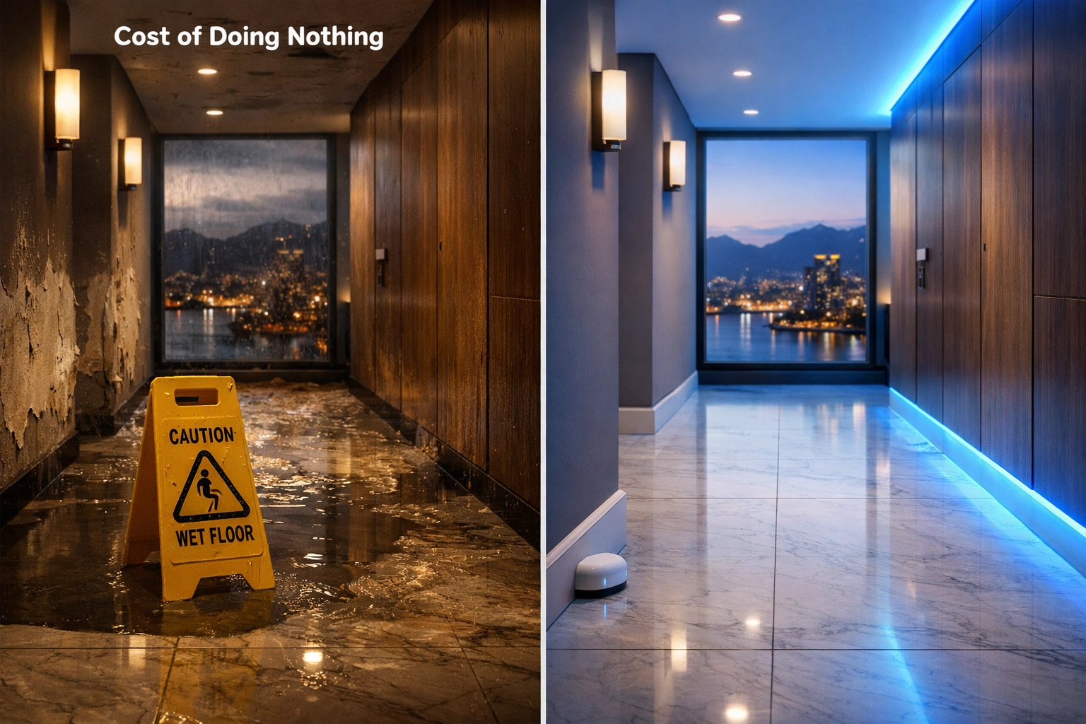 Vancouver high-rise hallway showing the difference between water damage and smart leak detection sensor protection.