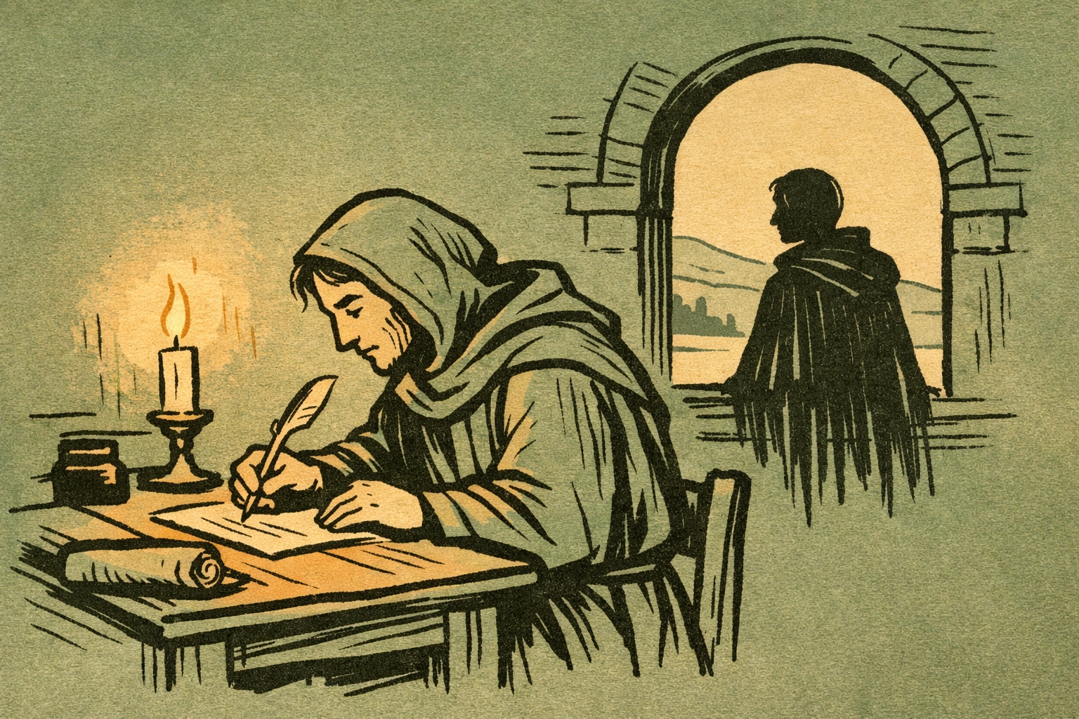 Medieval scholar writing letter while longing for distant companion in candlelit chamber