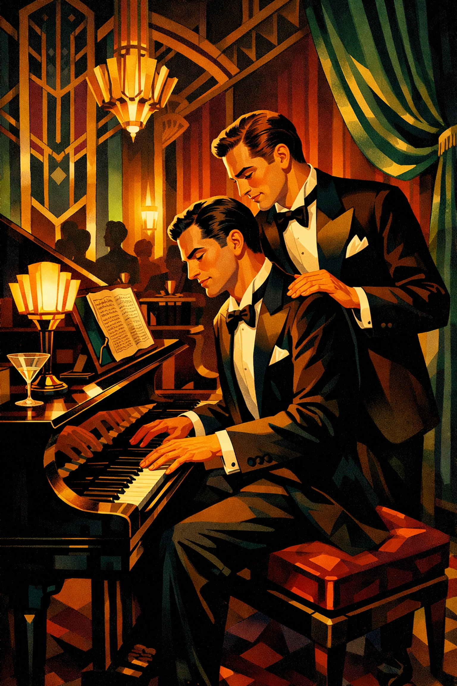 Gay composers at piano during 1920s era representing openly LGBTQ+ musicians in classical music