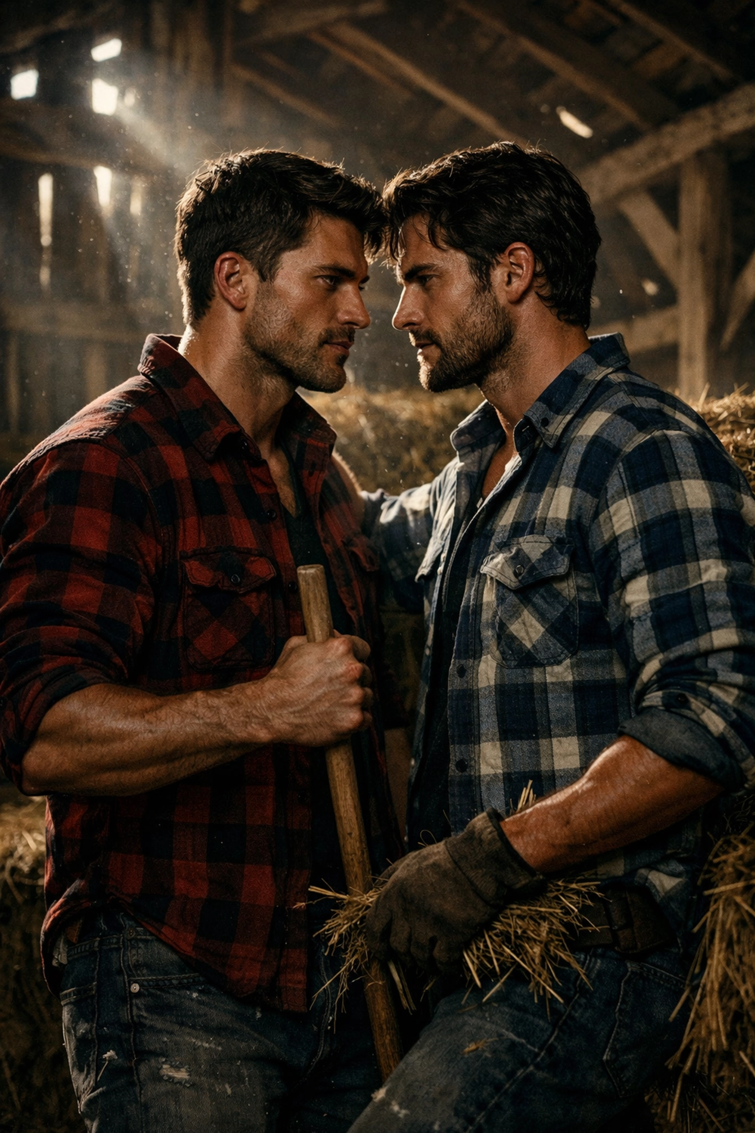Two men in a rustic barn sharing a romantic slow burn gaze, bringing the aesthetic of popular MM romance books to life.