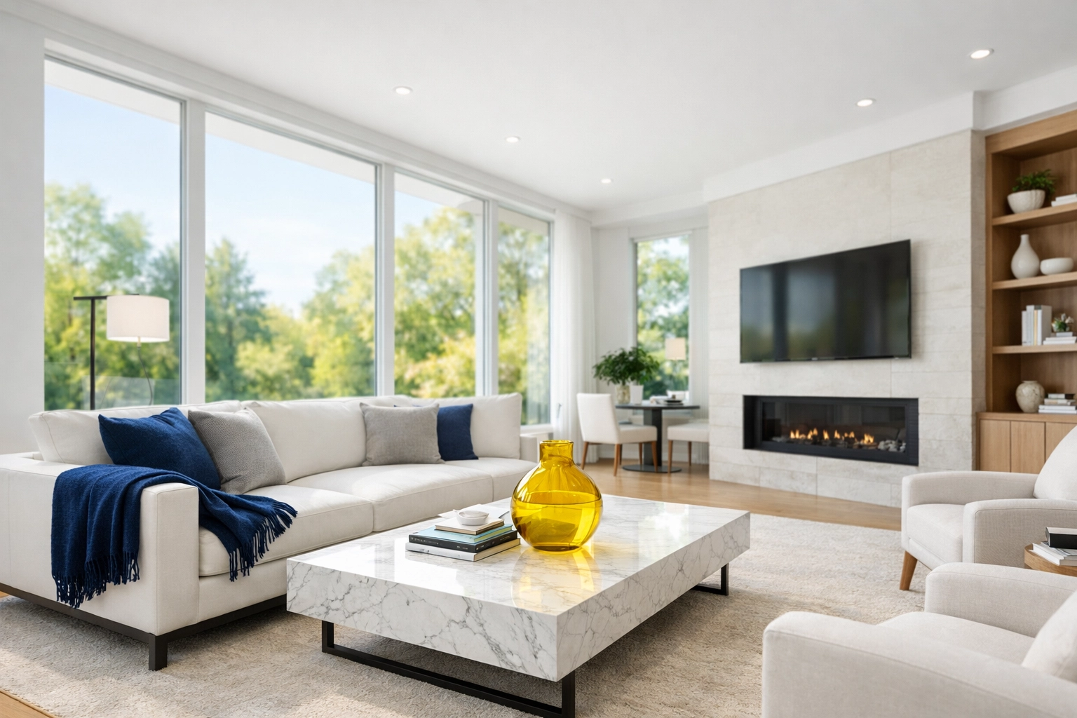 Spotless modern living room in Acton, Massachusetts after professional residential cleaning.