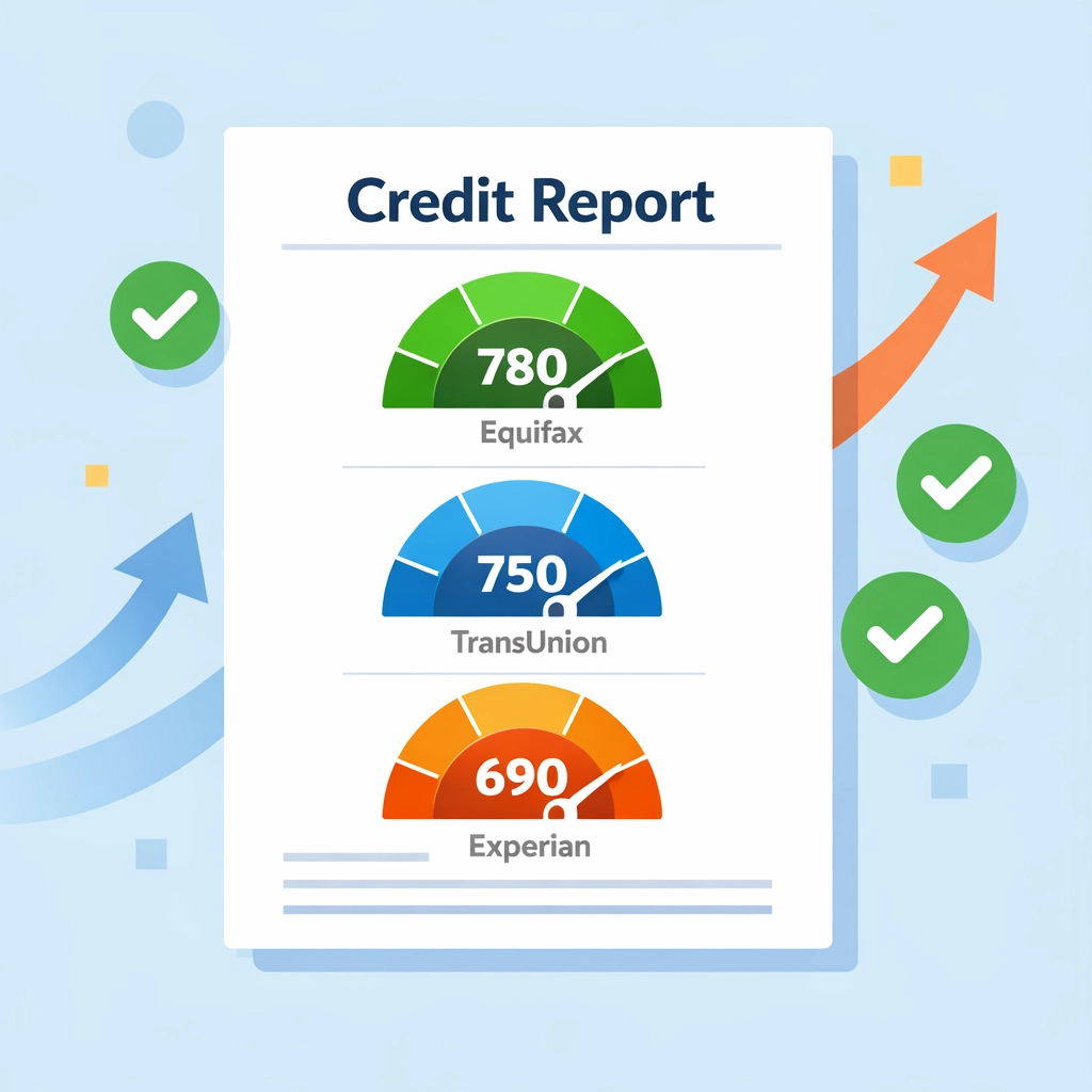 Reporte de crédito mostrando tres scores de agencias con flechas de mejora hacia arriba