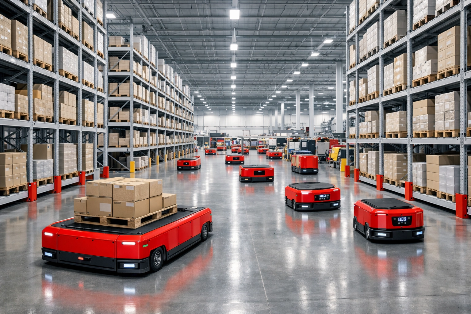 A high-tech storage facilities business hub in Hertford featuring robots and industrial shelving.
