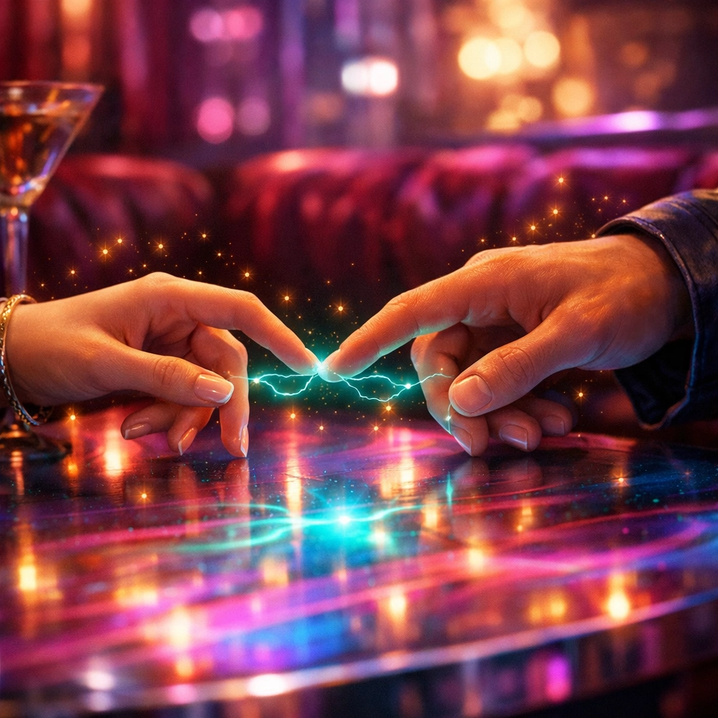 Two people's hands nearly touching over a glowing table in a nightclub, showing chemistry and safe boundaries.