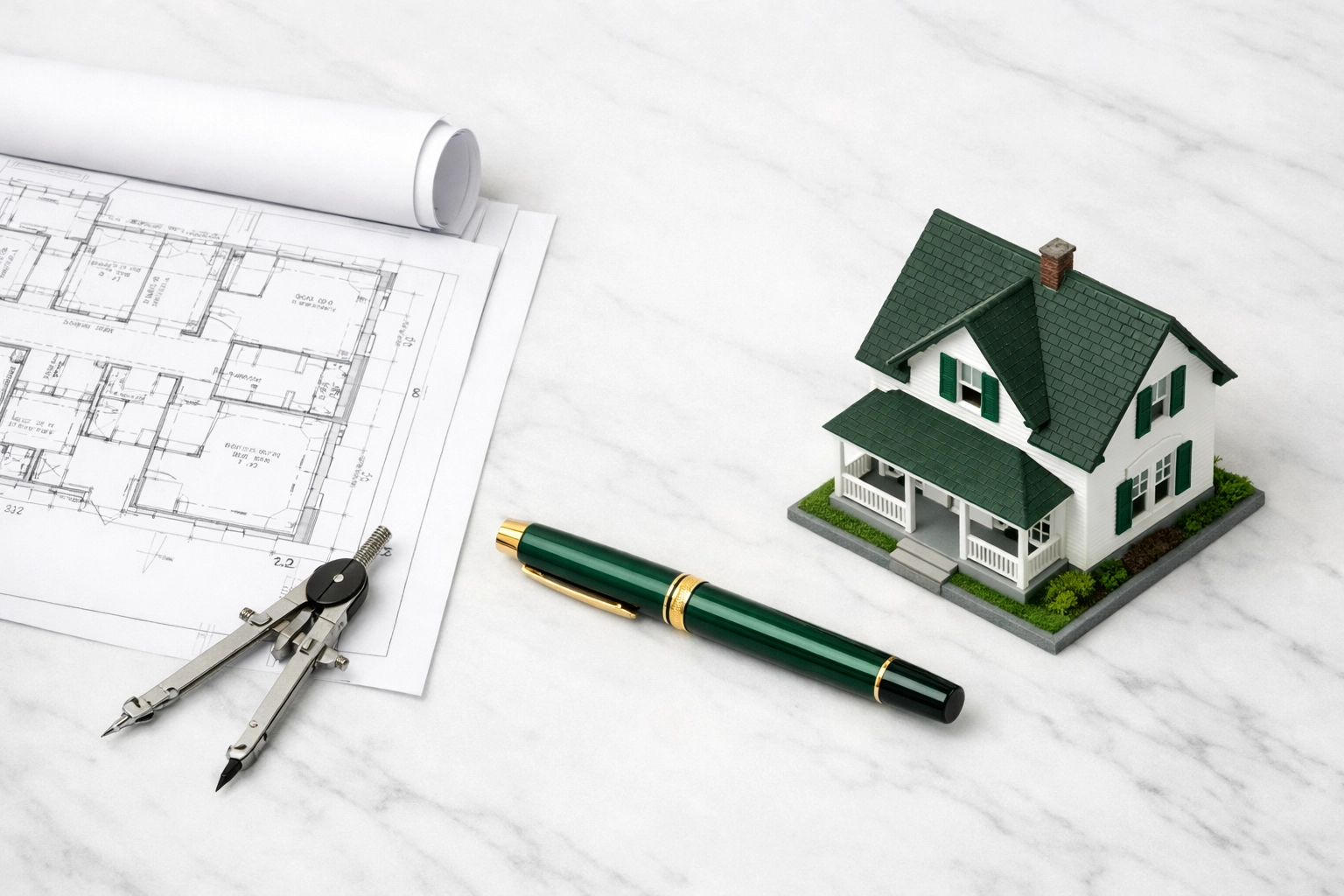 Blueprints and a house model highlighting expert fix and flip financing and 90% LTC project planning.