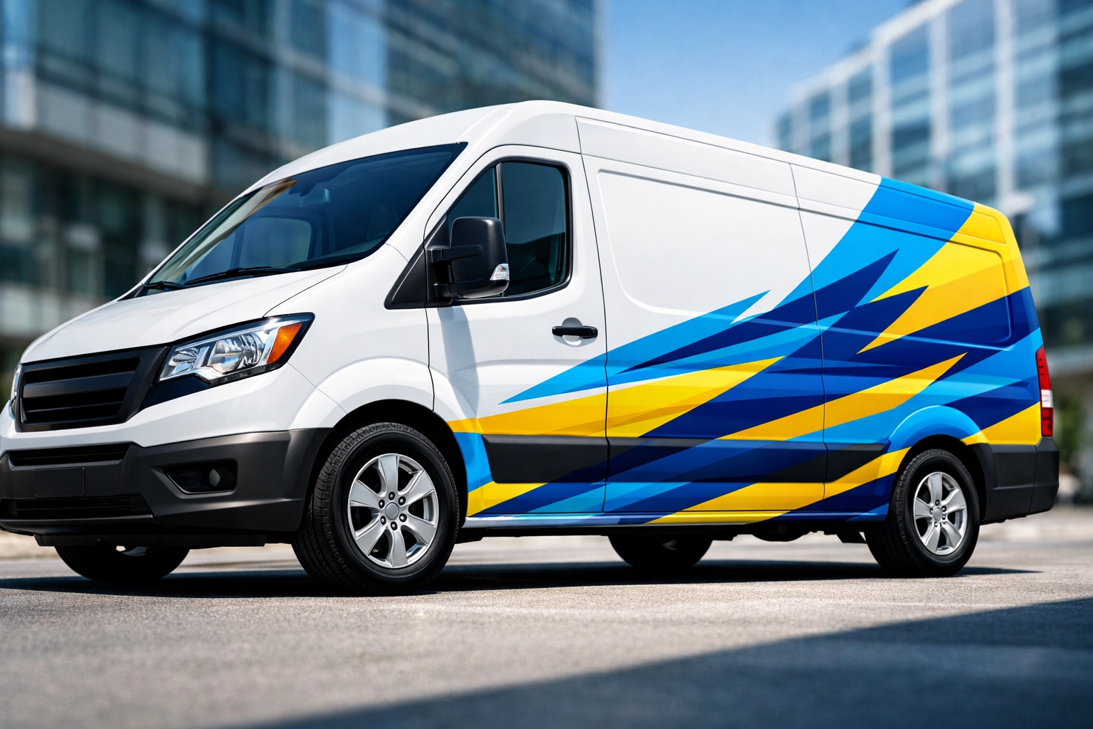 White service van with professional partial vinyl wrap and custom business branding parked in a city.