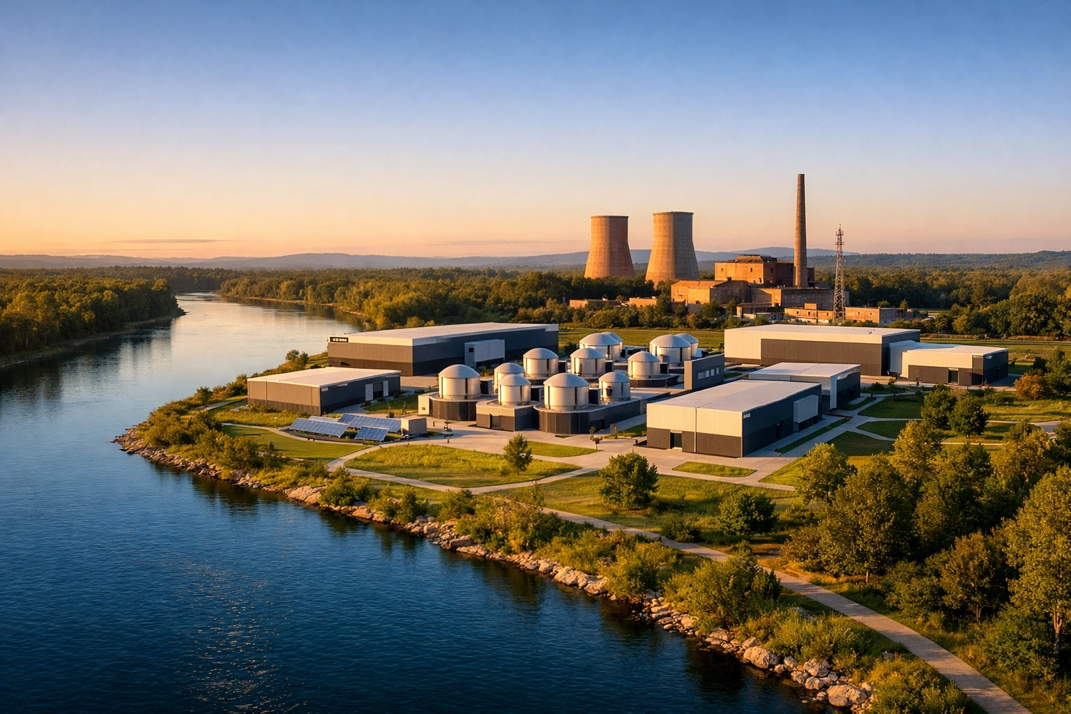 Modern advanced nuclear power hub repurposed from an industrial site for a low-carbon energy future.