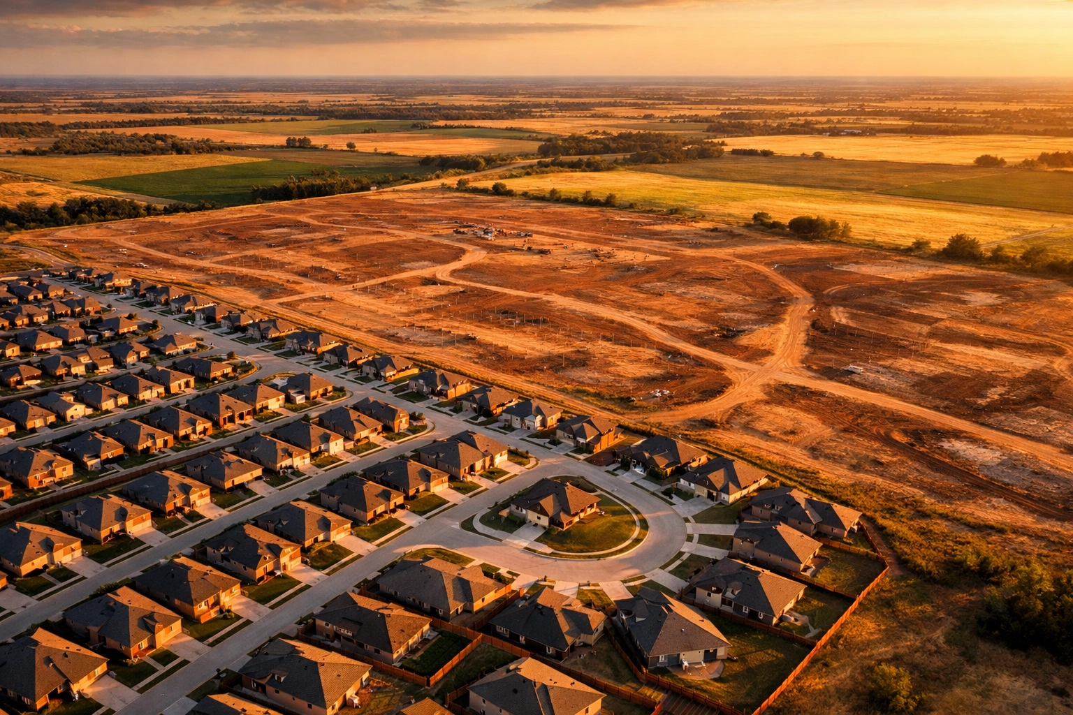 Aerial view of North Texas suburban development expanding into undeveloped land