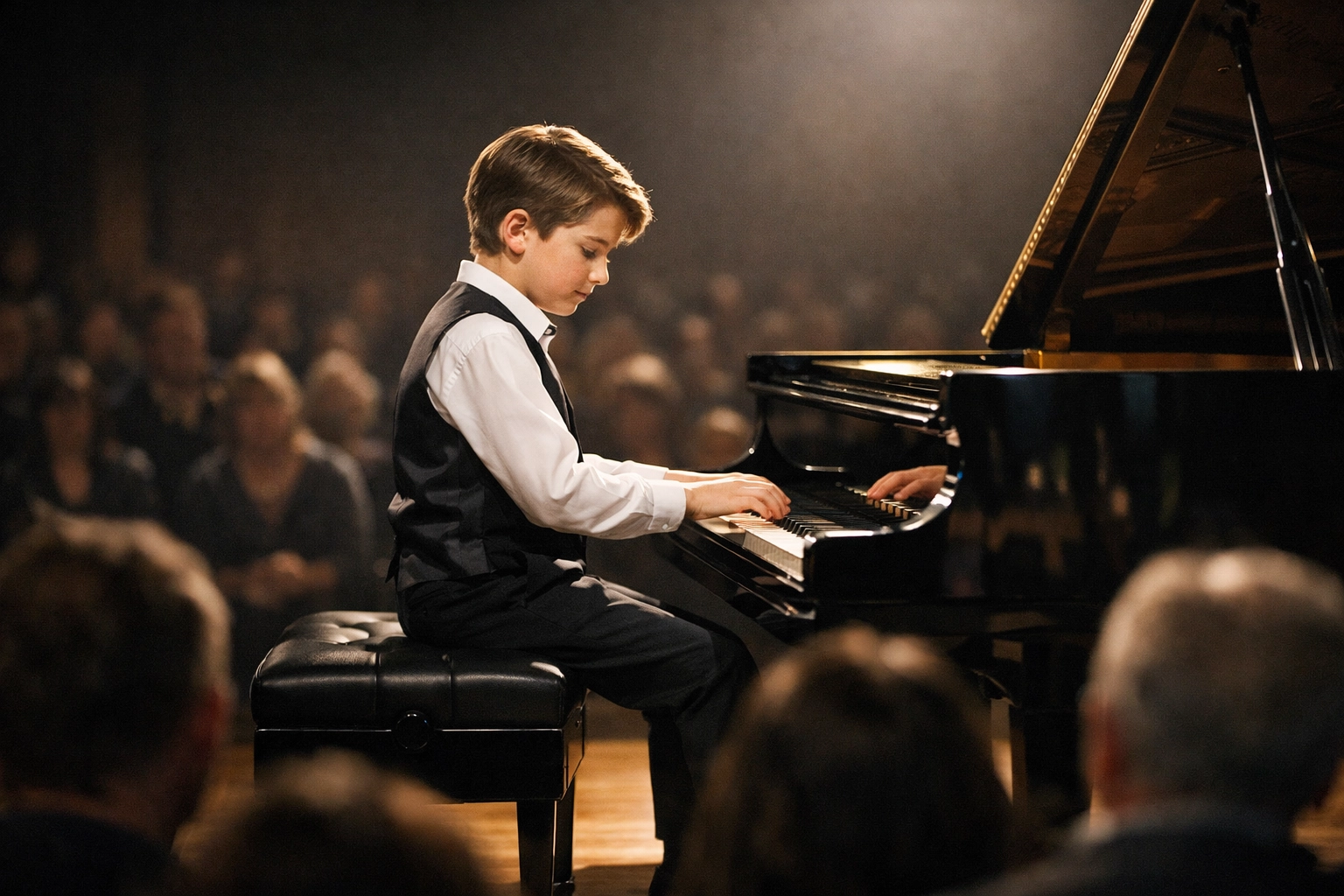 A young pianist performing at a recital, showcasing the discipline gained from piano lessons for kids.