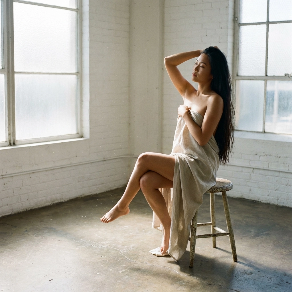 Art nude photography featuring an East Asian model posing in natural window light with artistic framing.