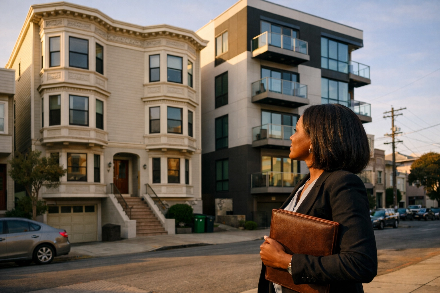 Property manager examining an older Edwardian building and modern apartments in San Francisco's Richmond District.