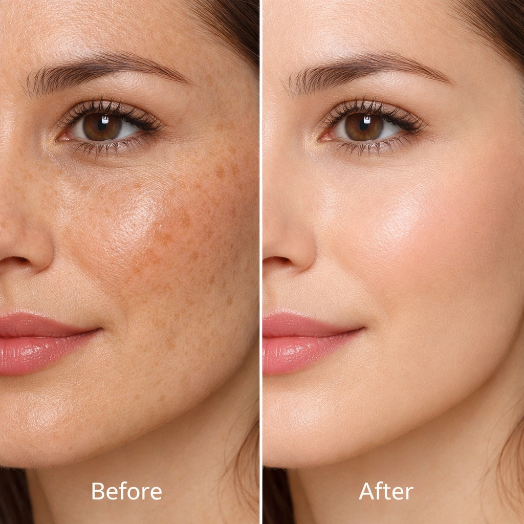 Before and after skin lightening results showing reduced hyperpigmentation and brighter skin tone